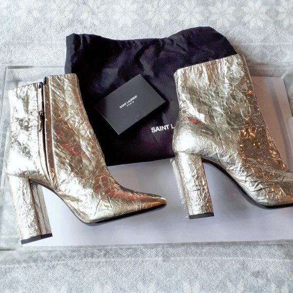 NWOT Saint Laurent metallic gold heeled ankle boot - Picture 2 of 11